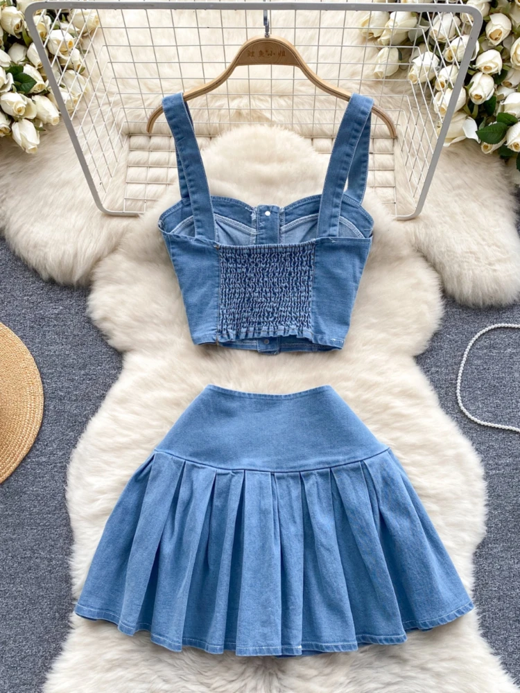 Korean Chic Denim Two Piece Sets Women Retro Sleeveless Tank Top and High Waisted Mini Skirts Jeans Suits Summer Y2k Suits