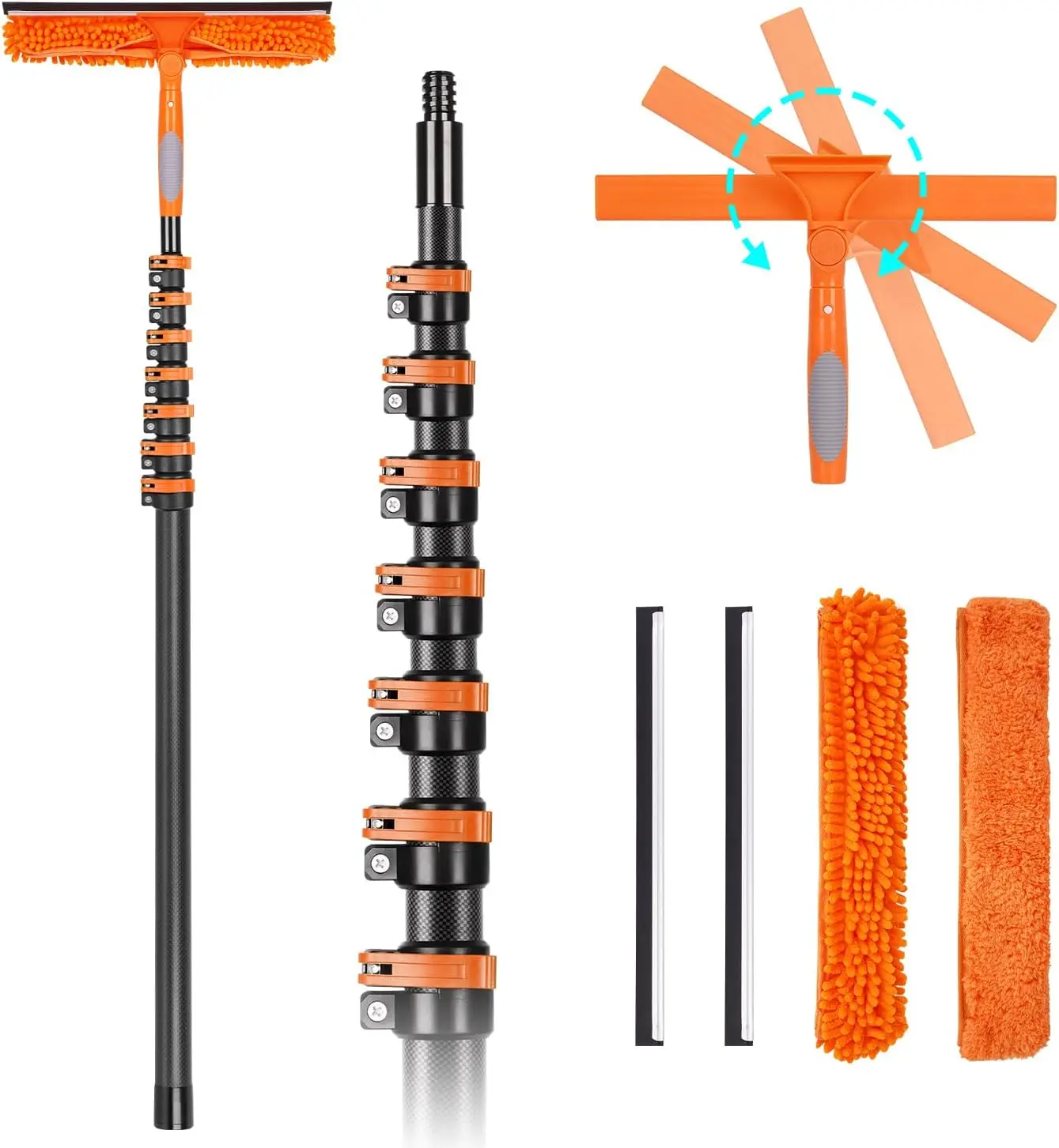Telescopic Window Cleaning Squeegee Kit Ultra Light Heavy Duty Carbon Fiber Extension Pole With Threaded Tip Multi Angle Squeegee Scrubber Tool For High Window Glass Cleaning Outdoor Black