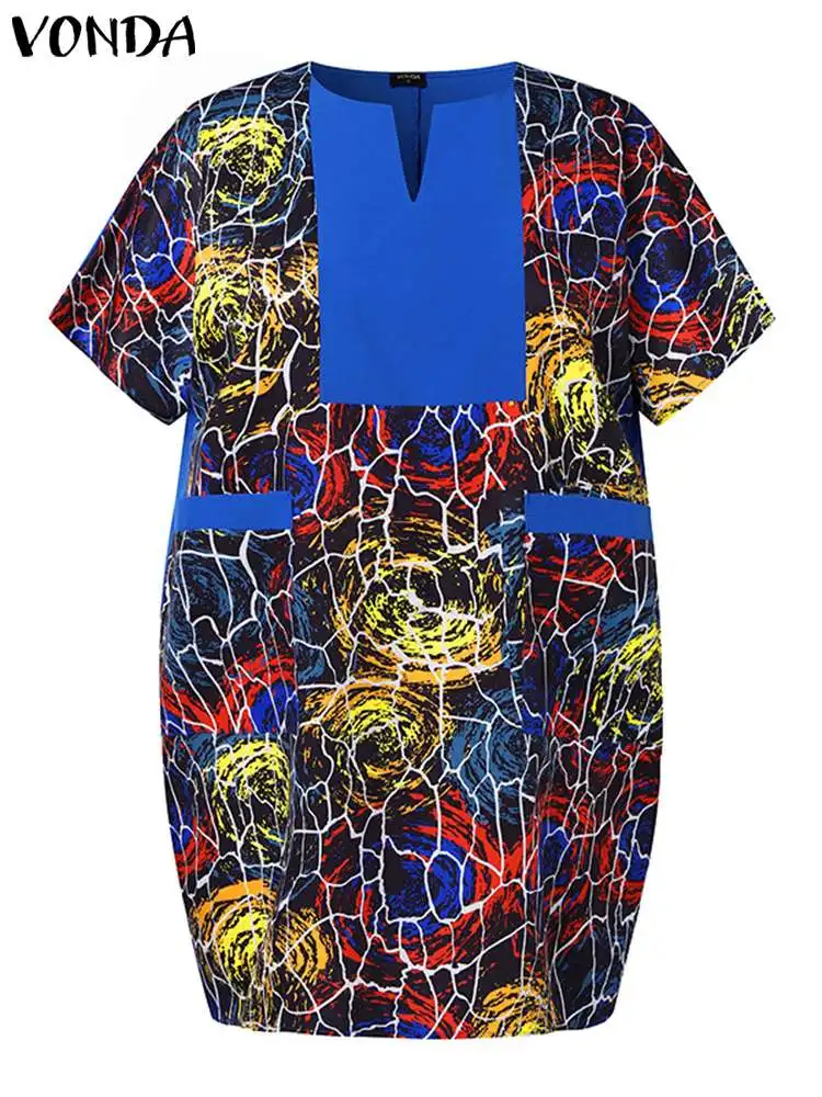 Plus Size VONDA Summer Mini Dress 2024 Women Bohemian Printed Sundress Casual V Neck Short Sleeve Beach Vestido Loose Robe 5XL