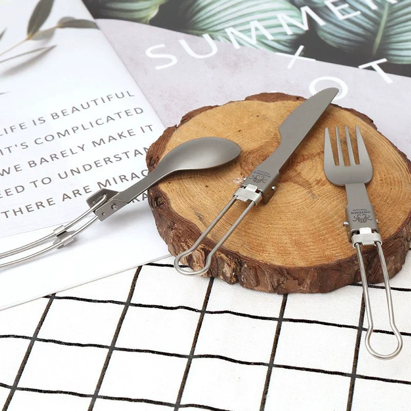 Pure Titanium พับส้อมแบบพกพาช้อนส้อมมีดชุดเดินทางพับได้กลางแจ้งชุดเดินป่า Picnic Camping อุปกรณ์