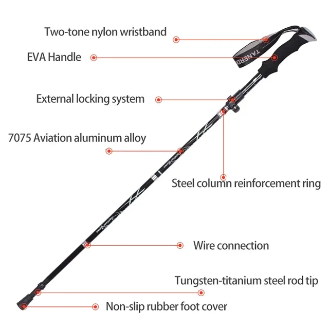 Portable 5-Section Outdoor Aluminum Walking Stick Men Women Nordic Folding Trekking Pole Travel Climbing Skiing Hiking Tungsten