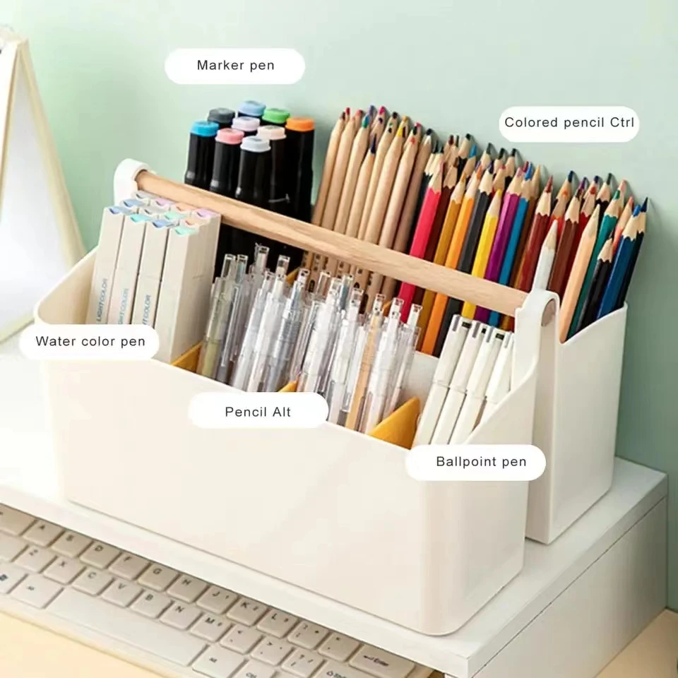 

Pencil Storage Box Large Capacity Pen Holder Compartments Design Desktop Stationery Organizer with Handle for Home