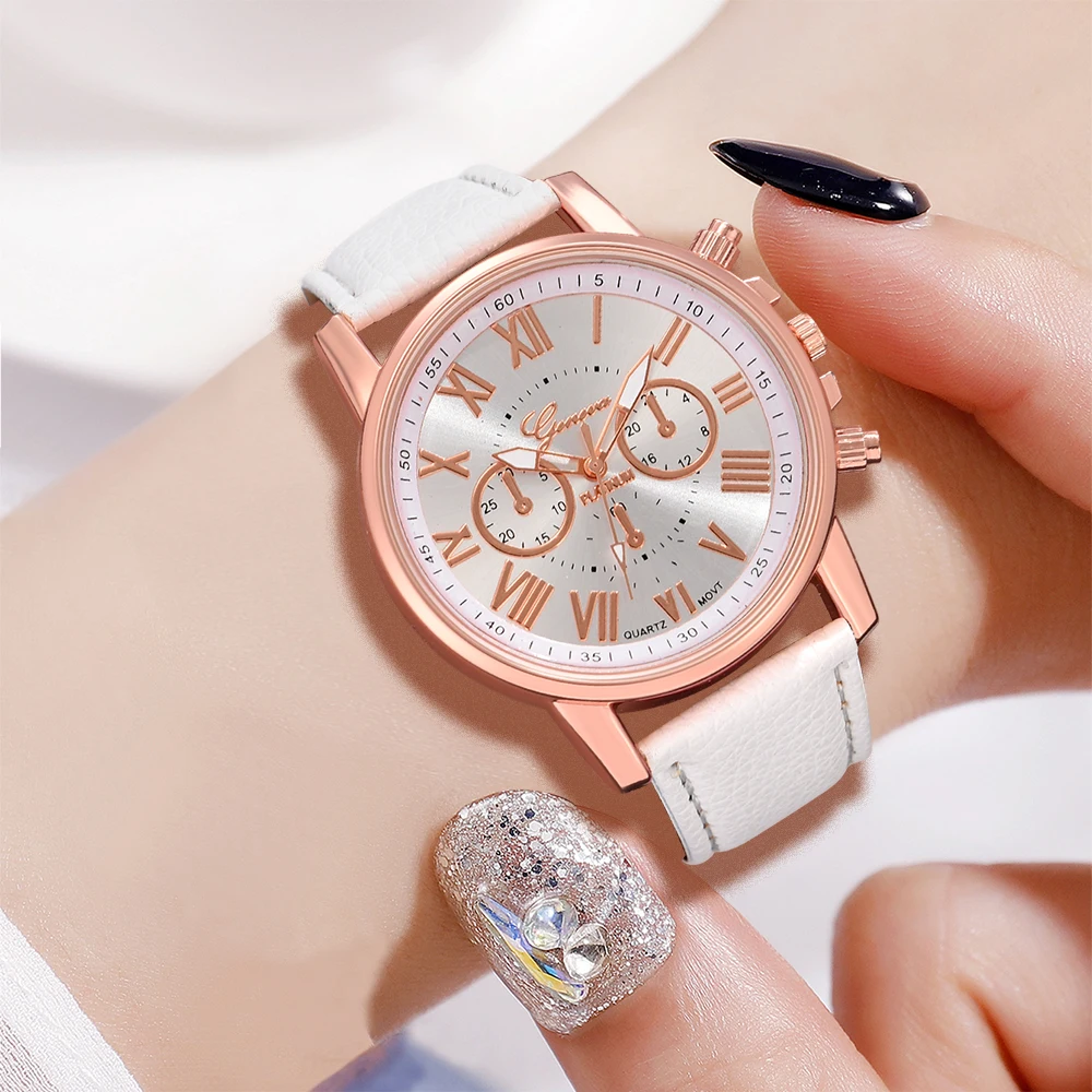 6PCS/Set White Women Watch Roman Numeral Dial Quartz Wristwatch Leather Strap Watch Flower Element Jewelry Set Gift For Her