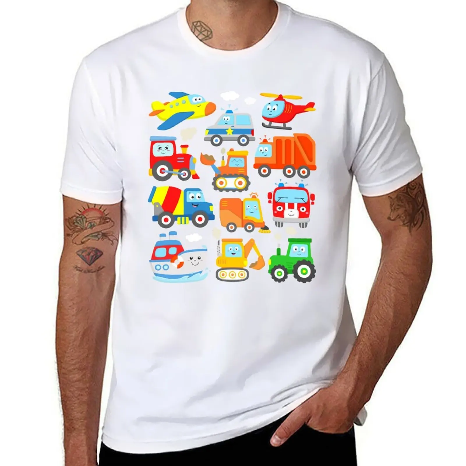 

Plane Helicopter Excavator Trashtruck Ship Tractor Train Police Firetruck Kids T-Shirt t shirts for man cotton T-Shirt