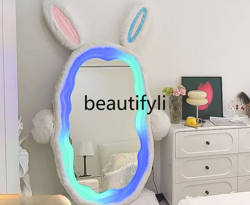 

SS Full body floor mirror movable bedroom with lamp full-length mirror luminous girls household wave makeup mirror