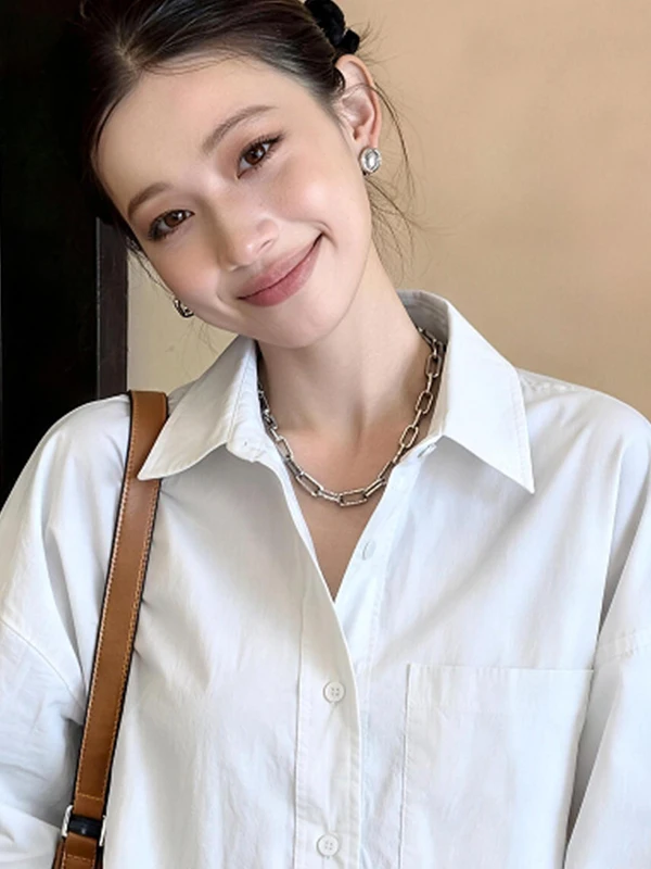 Elegant  Blue Women's Shirt Loose Shoulder Drop Short Outerwear Simple Commute Base Layer Cotton Linen Blend Fabric