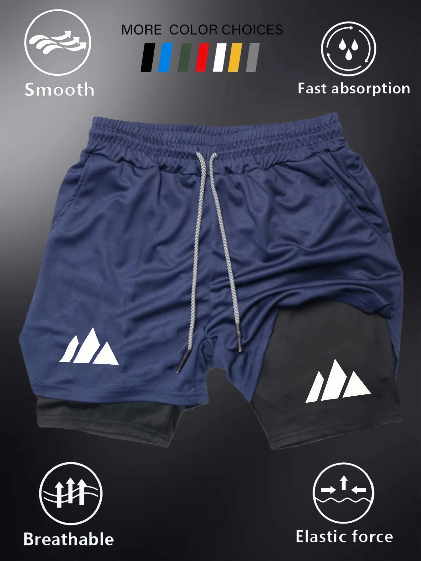 Men's double-layer shorts with mountain logo design. Perfect for fitness exercises Ideal choice for summer workouts and outdoor