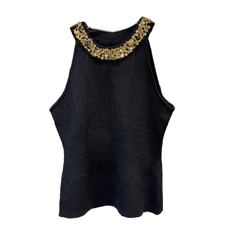 Summer New Style Socialite Gold Sequin Beaded Halter Neck Knitted Camisole For Women