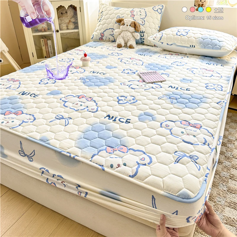 Cute Cartoon Quilted Waterproof Fitted Mattress Protector, Stain Resistant Deep Pocket Bed Cover, Soft Breathable Mattress Cover