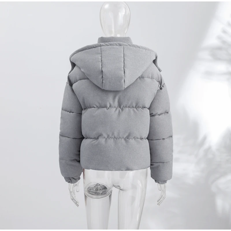Winter Women's Cropped Padded Coats Hooded Stand Zip-up Full Sleeve Short Puffy Cotton Jacket 2026 Warm Casual Solid Outwear
