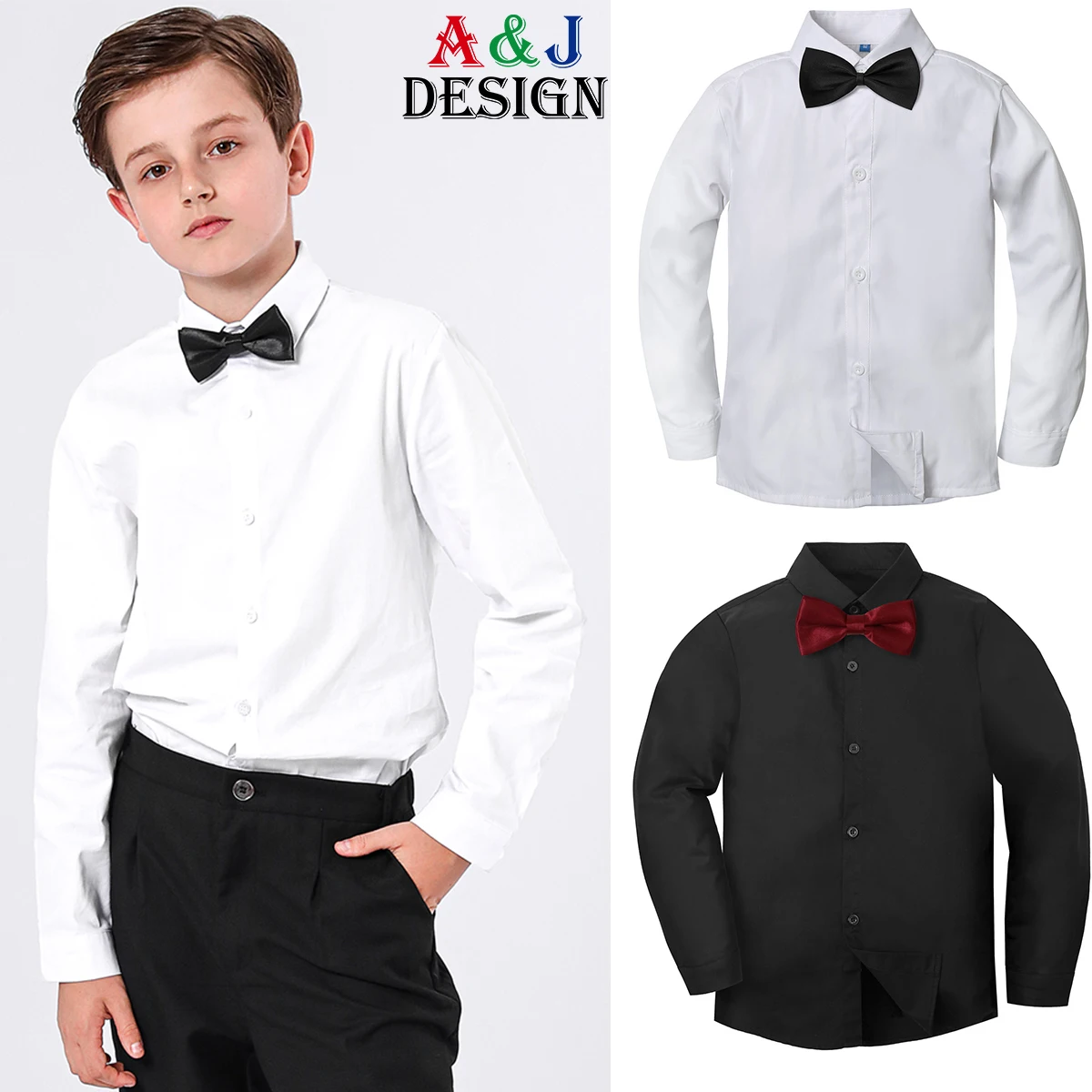 Boys Dress Shirt Kids School Uniform Long Sleeve with Bowtie Formal Gentelmal Gift Perform Ceremony Clothes White 7 to 16 years