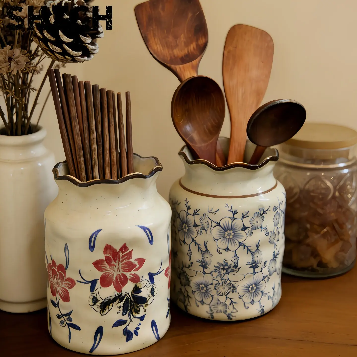 Blumen-Keramik-Utensilienhalter Blumenförmige Kochutensilien-Vase Vintage Organizer Vase Deko für Küchenarbeitsplatte Einweihungsgeschenk