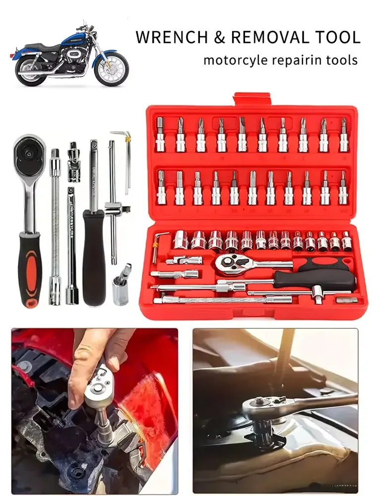 Jeu de douilles, outil de réparation automobile, clé à cliquet, jeu de clés à douille, tournevis, Kit d'outils professionnels pour le travail des métaux, 46 pièces