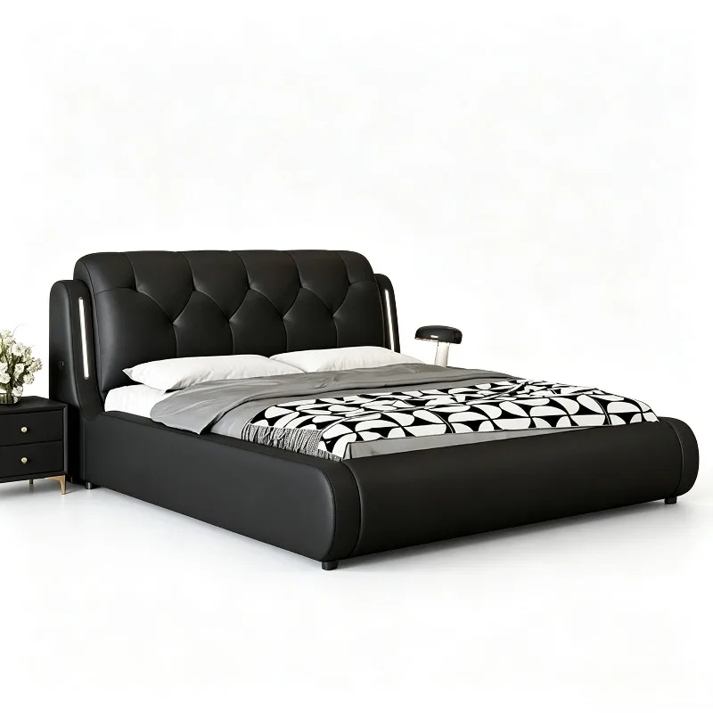 Minimal small apartment leather bed with LED night light 1.5m 1.8m master bedroom soft bag wedding bed
