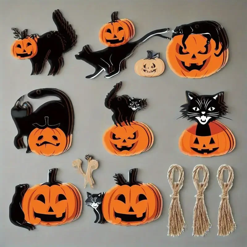 

8PC/1Set Halloween Home Decor Wooden Pumpkin Cat Hanging Decoration for Wall Party Festival Ornament Spooky Holiday Display Prop