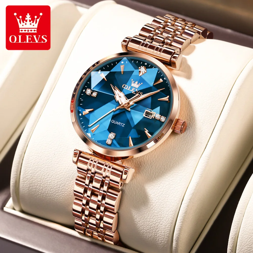 OLEVS Top Women\'s Watches Fashion Elegant Rhombic shape Mirror Original Quartz Rose Gold Satainless Steel Waterproof Strap Date