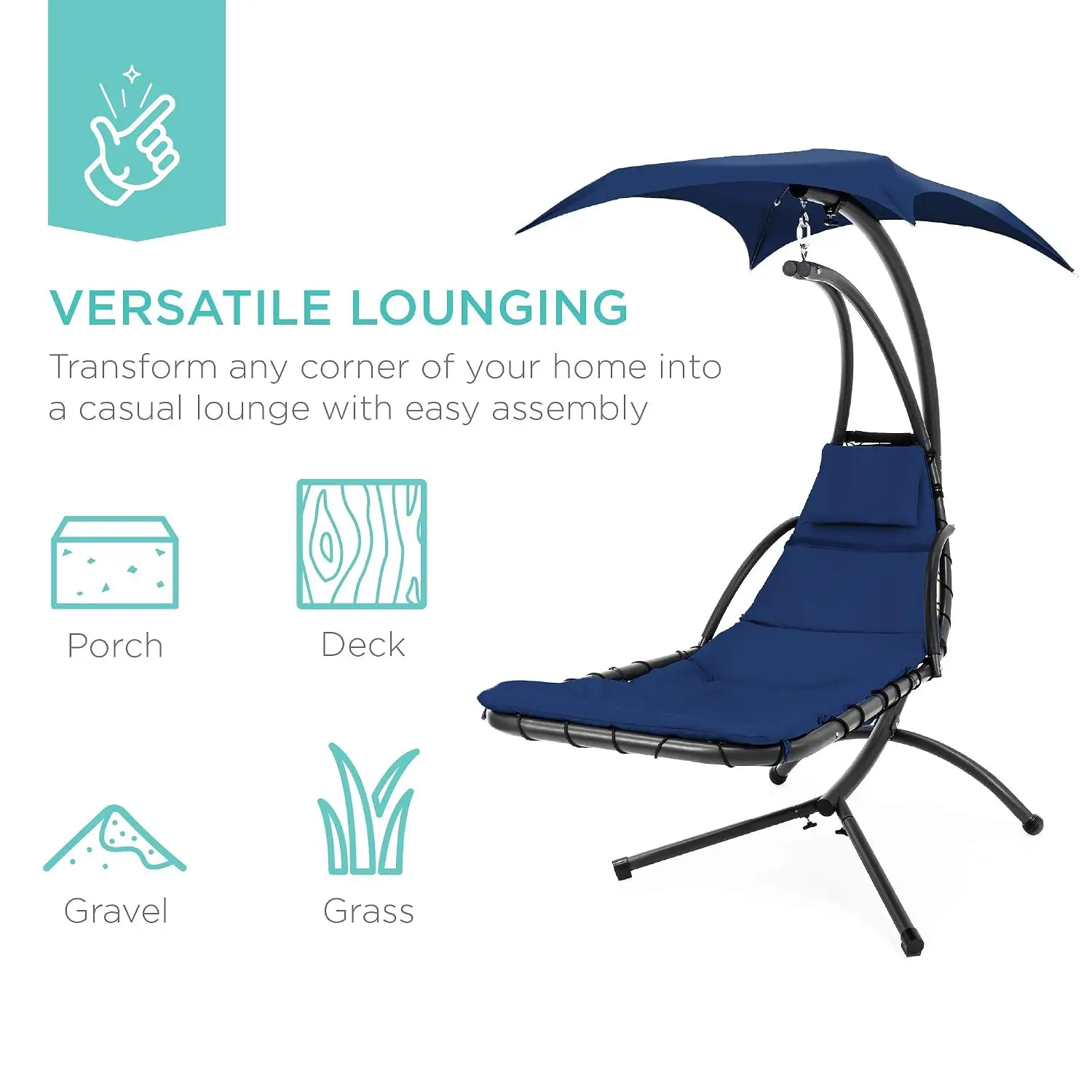 Outdoor Hanging Curved Steel Chaise Lounge Chair Swing w/Built-in Pillow and Removable Canopy, Customized