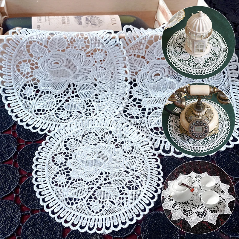 1PC 15/20/25cm Round Lace Embroidered Hollow Coaster Dining Table Placemat Coffee Tea Mat Decoration