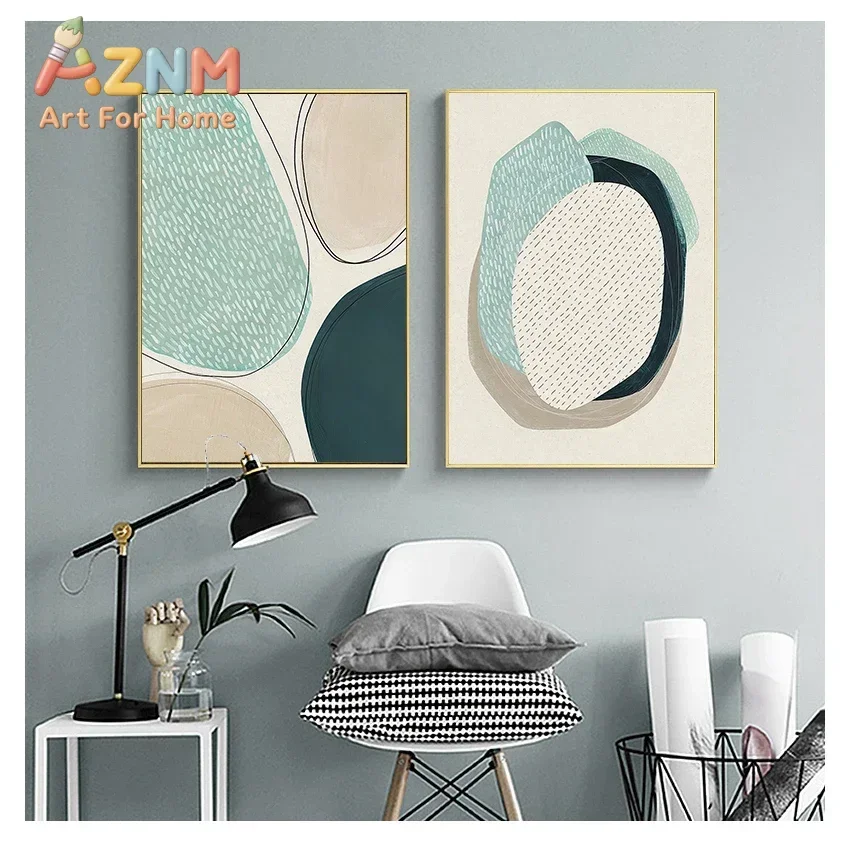AZNM Mint Green Abstract Geometric Canvas Wall Art Modern Minimalist Line Shape Frameless Print for Living Room Bedroom Home Dec