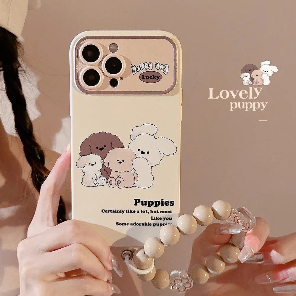 Niedliche Cartoon-Welpen-Linsen-Schutzhülle für iPhone 16 11 12 13 14 15 Pro Max XS XR X 7 8 Plus Handgelenkkette stoßfeste Abdeckung