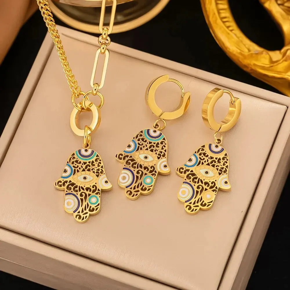 2 PCS Set Metal Leaves Epoxy Earring Necklace Set Shinny Gold Color Metal Heart Fatima Hand Colorful Epoxy Women Jewelry Set image 6