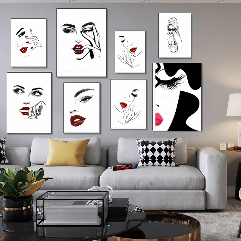 Fashion MakeUp Lipstick Mascara Nail Polish Canvas Painting Beauty Salon Poster Eyelash Red Lips Girl Wall Art Home Decor Art