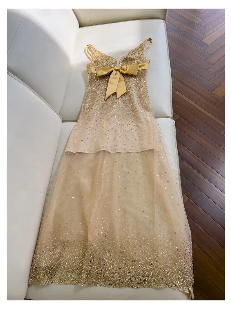 

Платье с высокой талией и пайетками, роскошный подарок на день рождения, длинная юбка трапециевидной формы с глубоким V-образным вырезом и узлом для свадебного выступления