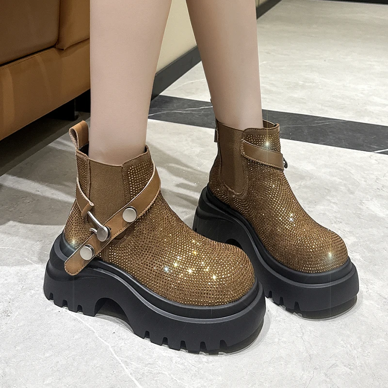 

Женские ботильоны на плоской подошве и платформе, модная обувь с кристаллами, модельерские зимние короткие ботинки, новинка 2025 года, повседневные спортивные женские ботинки