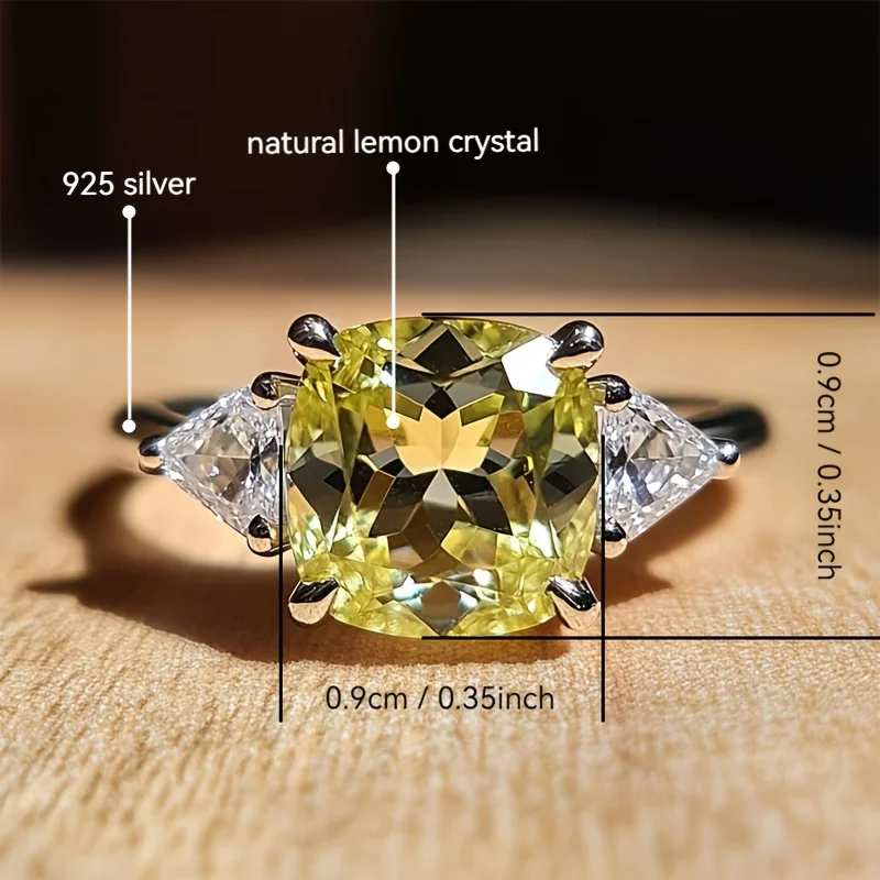 SGARIT Fine Jewelry 925 Sterling Silver Cushion Cut Natural Lemon Quartz Ring for Women Birthstone Gift Elegant Crystal Jewelry