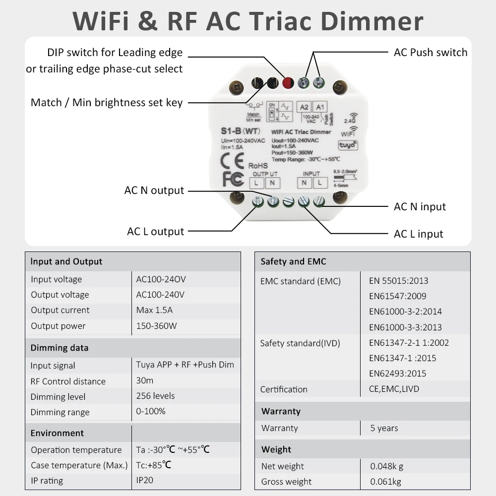 S1-B(WT) Tuya Smart 100-240V AC Triac Dimmer 220V Wifi Single Color LED Light Controller RF Wireless Remote Control Push Switch