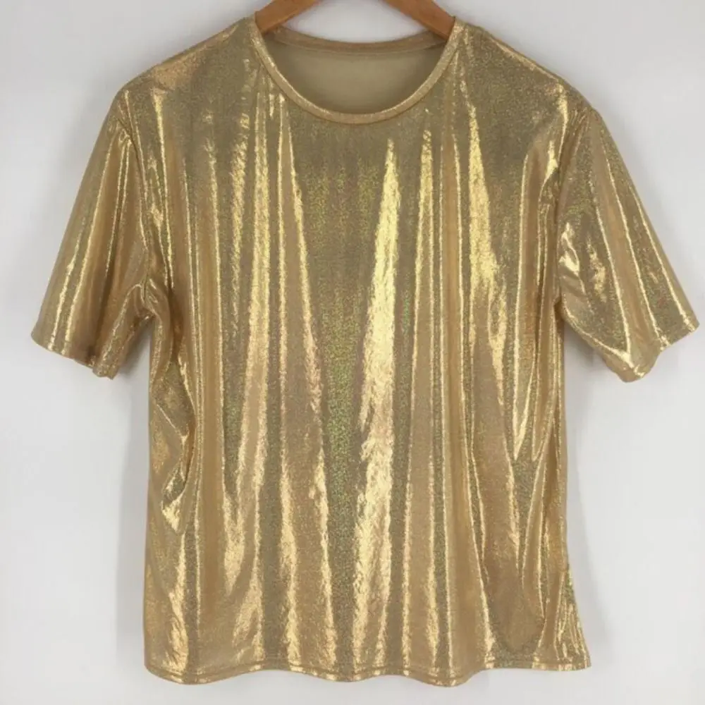 

Club Bright Silk T-shirt Shiny Loose Women Tops Retro Style Stylish Show Costumes Women