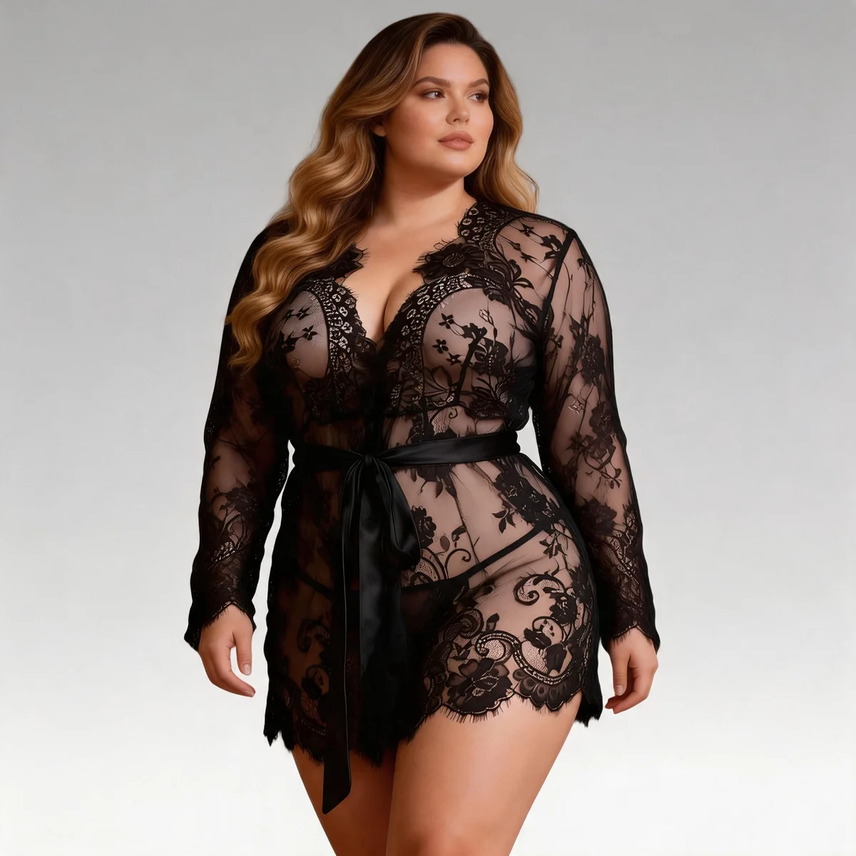Black Eyelash Lace Cardigan Set for Women Long Sleeve Short Robe Sleepwear Sexy Plus Size 2 Piece with Panties