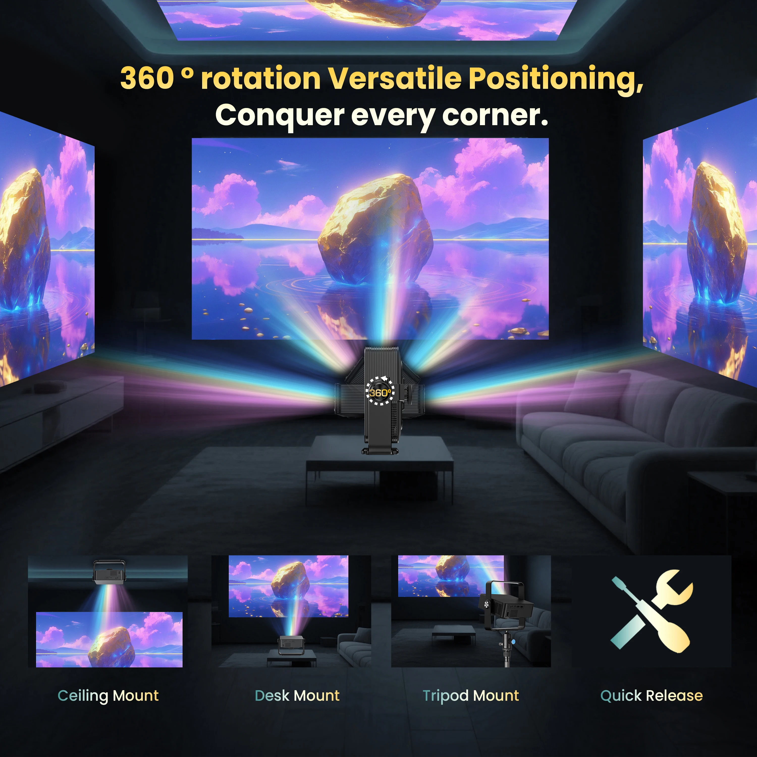 Rotat 360° Smart Projector Support 4K Portable 1920*1080 Android 13 System WIFI 5G BT5.2 300Ansi Home Theater Mini Projectors