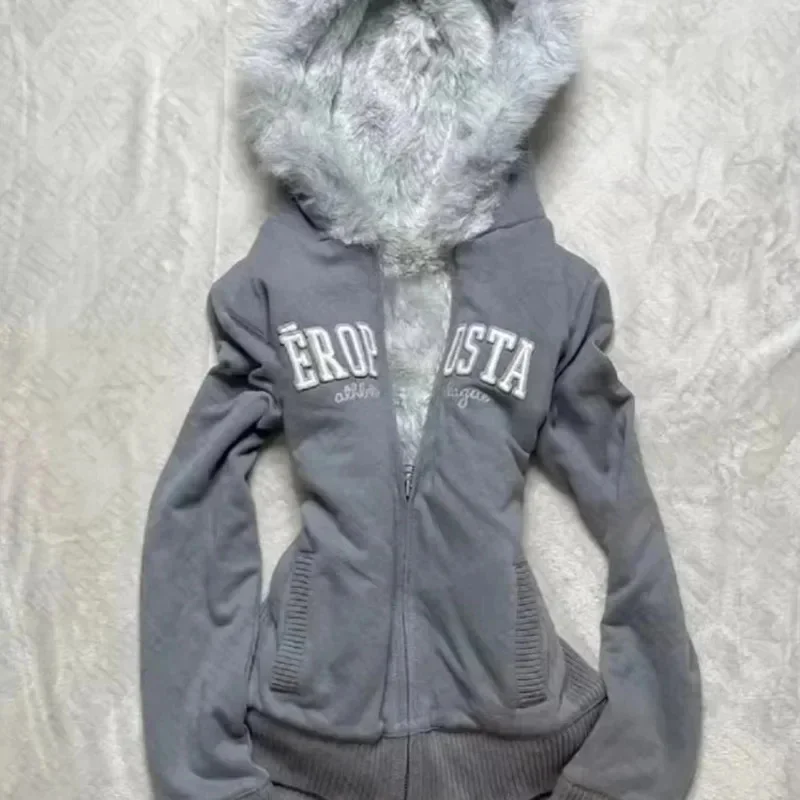

Subculture Faux Coats Women Graphic Jacket with Hooded Fleece Fur Hoodie Edgy American Retro Street Style and Y2K Fashion Top