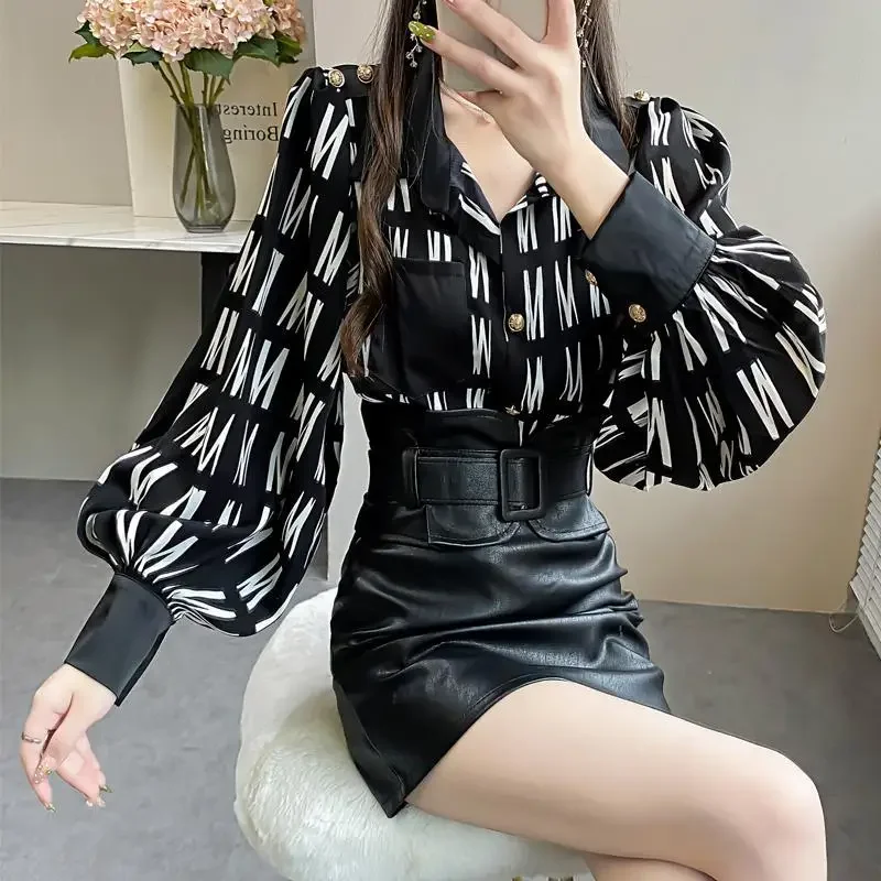 Fashion Letter Print Patchwork Chiffon Shirt Women Clothing Spring Casual Lantern Long Sleeve Pockets Button Loose Blouses Z532