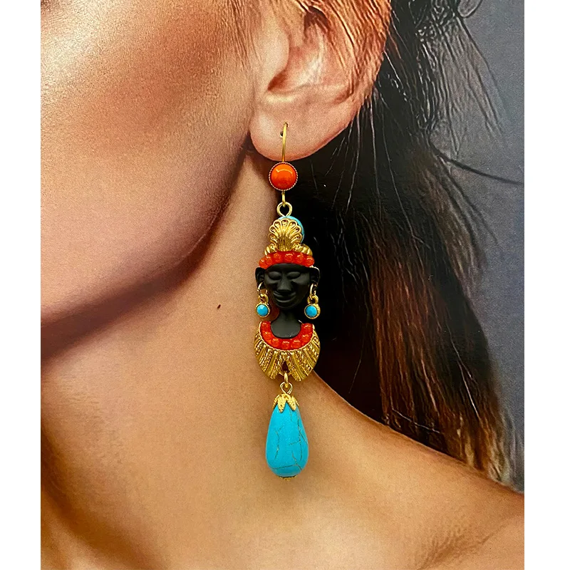 

New Medieval Design Concept Black Moore Ancient Egyptians Turquoise Retro Elegant Contrast Pendant Earrings