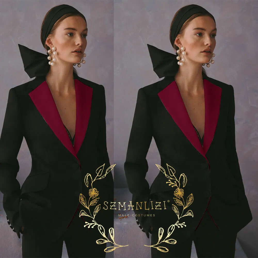 Black Women Formal Suit 2 Piece Notched Lapel Wedding Tuxedo Business Pants Suits Ladies Party Blazer Set Slim Fit Lady Dress