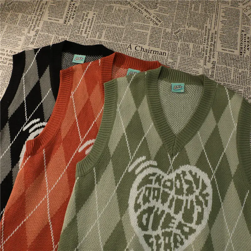 Argyle Sweater Vest Women Vintage Autumn Loose Casual Knitting Design Aesthetic Harajuku Classic Streetwear Chandails Friends