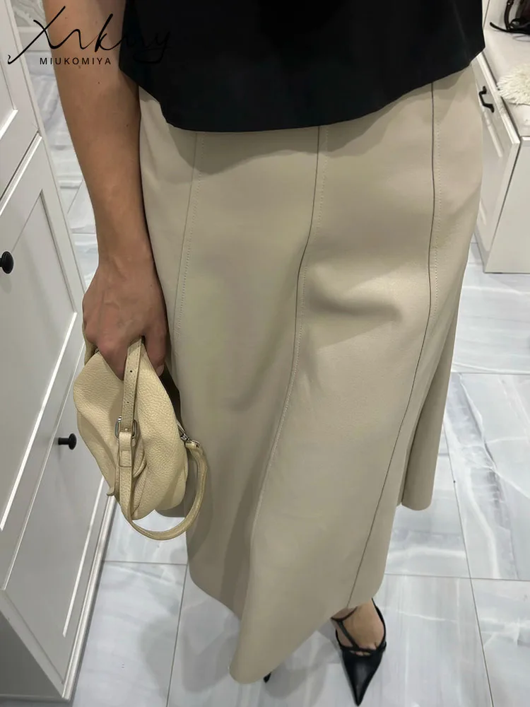 MiuKoMiYa Leather Skirts For Women Midi Luxury High Waist A Line PU Skirt Ladies Office Women\'s Midi Leather Skirt Spring