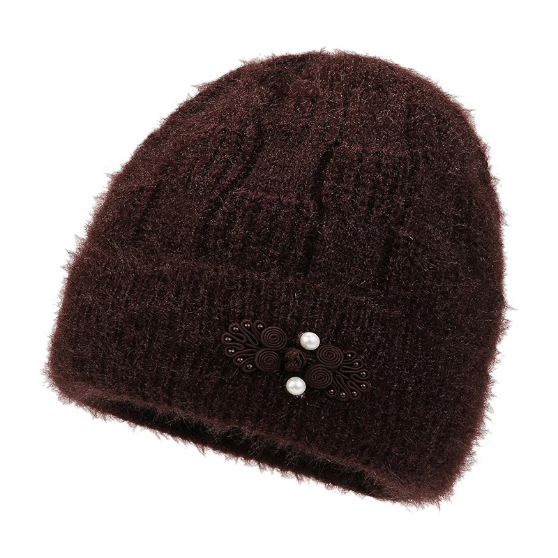 Chinese Knot Button Embellishment Dome Knit Cap New Velvet Thickened Mom's Hat Winter Warm Beanies For Middle-aged Old Ladies