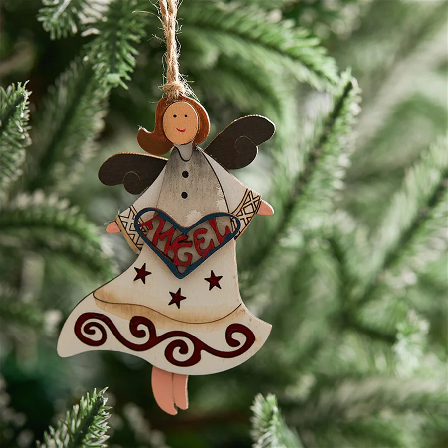 10cm Christmas Wooden Cherub Pendant Hand-painted Vintage Angel Snowman Christmas Tree Hanging Decoration