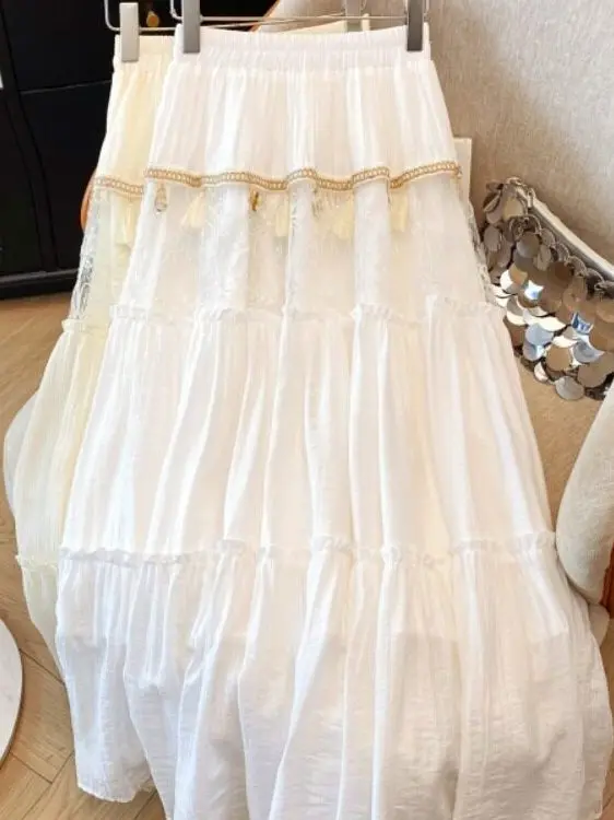 

Новая женская летняя юбка миди А-силуэта с кружевной вышивкой и бахромой, вязаная, приталенная