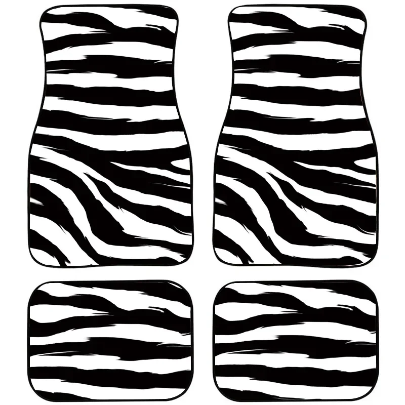 Black And White Zebra Stripe Front And Rear Full Set Car Waterproof Floor Mats 4PCs Rubber Material Protective Carpet