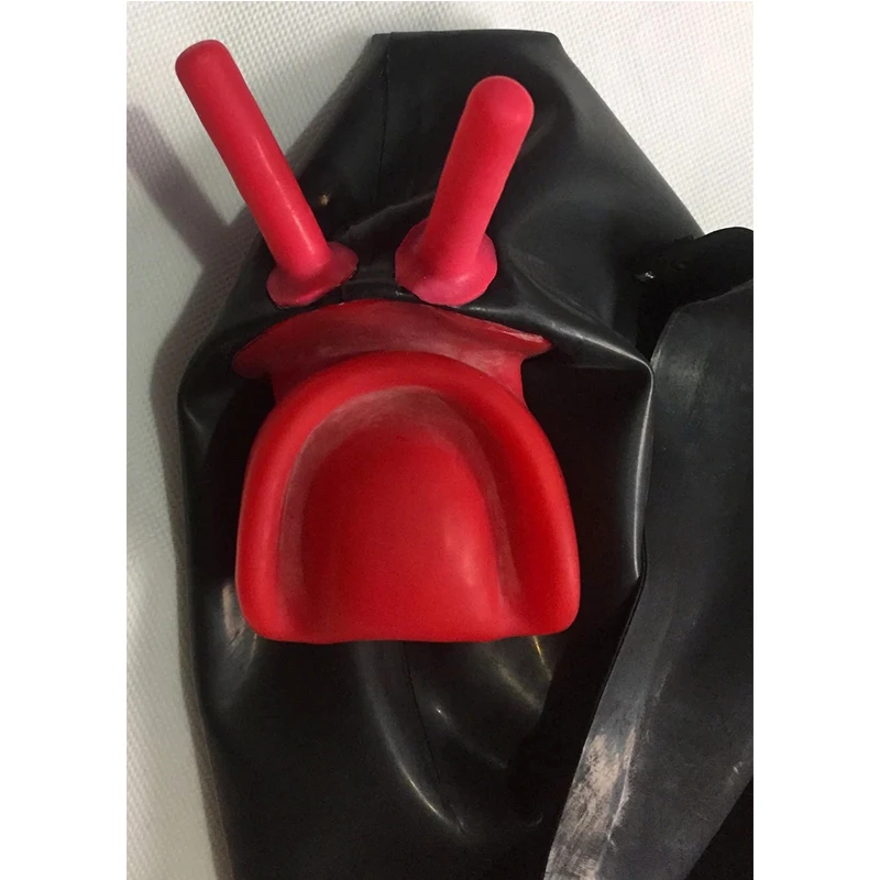 

Latex Hood Sexy Fetish Black with Transparent Black Rubber Mask with Nose Tube Gag Back Zip Halloween Costumes Custom Made