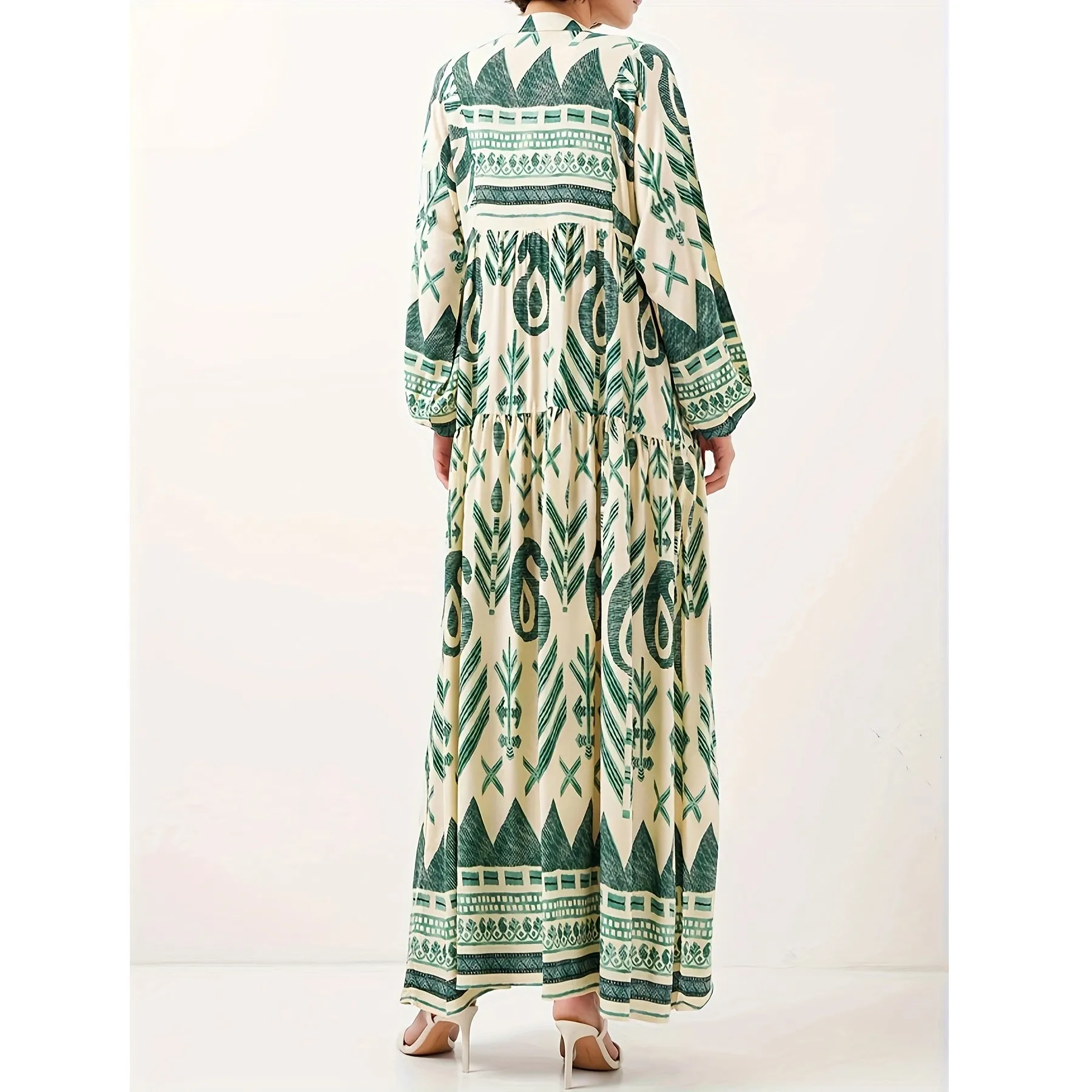 Women's Loose Fit Printed V Neck Maxi Dress Open Abaya Muslim Woman Moroccan Caftan Elegant A Line Pullover Button Front