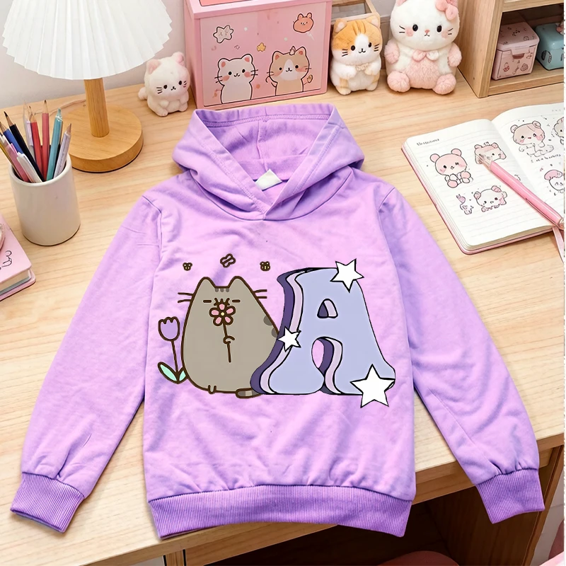 

Cute Pusheens Girl's Spring Thin Hoodie Letters Kawaii Print Kids Anime Internet Popular Sports Pullover Sweatshirt Clothes Tops