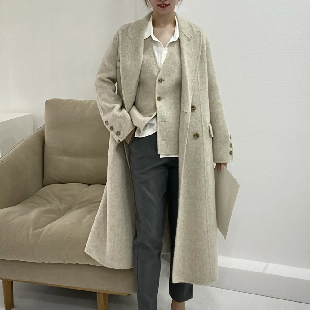 Double Sided Cashmere Sweater For Women. Camel Long Double Breasted Suit With Woolen Jacket, Including A Two-Piece Vest Set