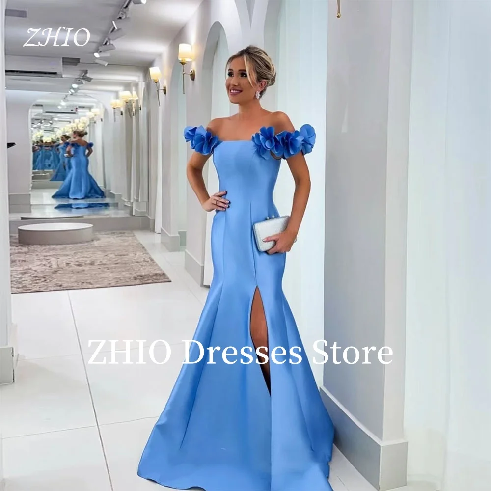 

ZHIO Handmade Flowers Blue Mermaid Evening Dresses Off the Shoulder Side Slit Formal Occasion Dress Prom Gown Customized Elegant