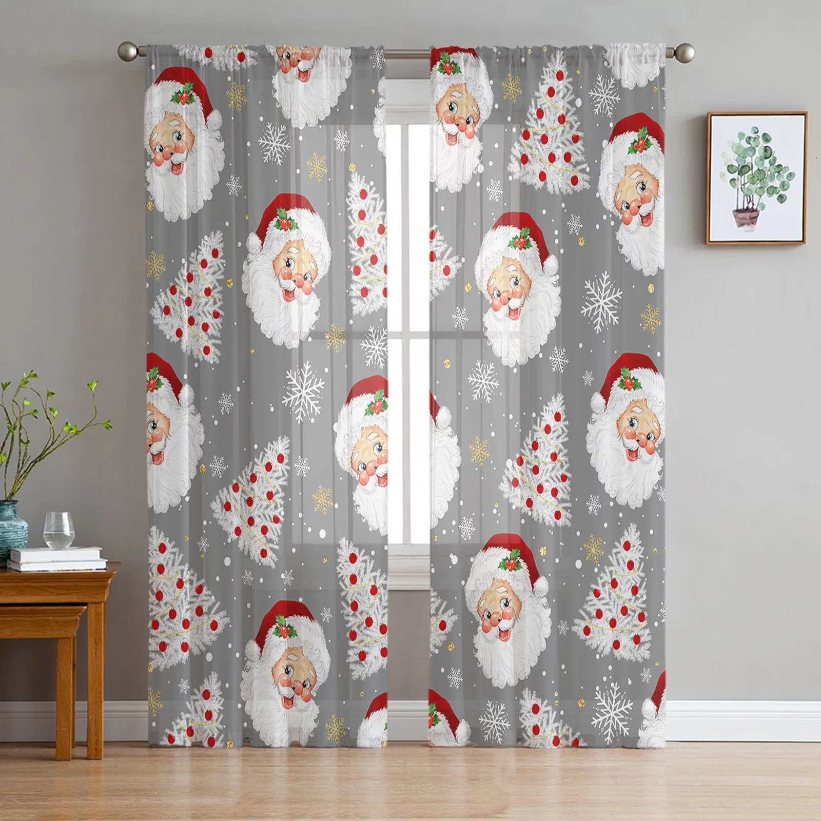 Winter Grey Santa Claus Texture Tulle In Sheer Curtains For Living Room Kitchen Window Treatment Chiffon Curtain Blinds