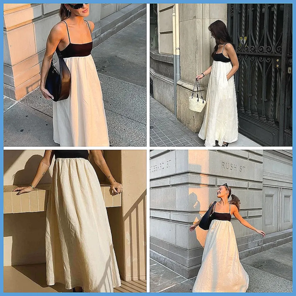 

Elegant Backless Patchwork Camisole Dress, Sleeveless High Waist Long Dress for Holiday Party 2026